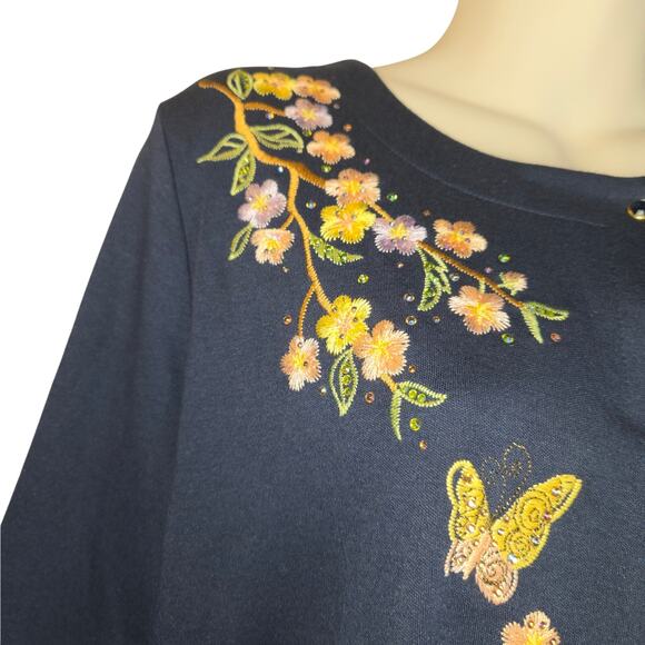 Quacker Factory by Jeanne Bice Womens Large Cardigan Button Up Floral Butterfly - Picture 4 of 13